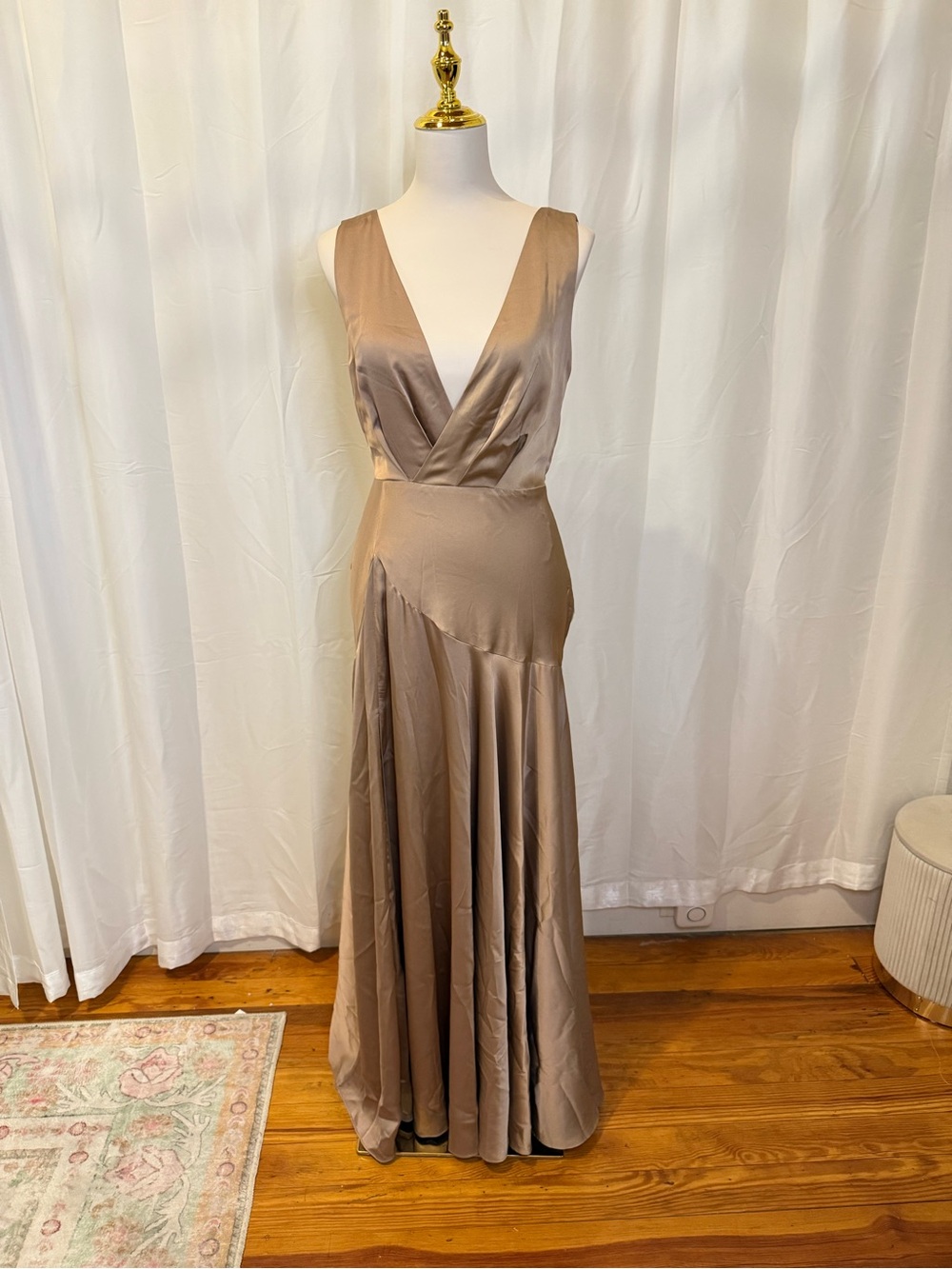 Free People Satin V-Neck Maxi Dress in Taupe